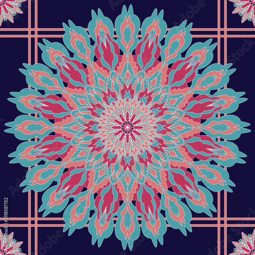 Intricate floral mandala featuring layered petals in vibrant teal and coral tones. Perfect for textiles, wall art, cushions, apparel, packaging, stationery, and creative surface designs.