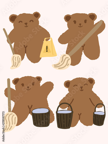 Cute Bear Mopping Vector Set Hand Drawn Teddy Bear Cleaning House Character Clipart Collection
