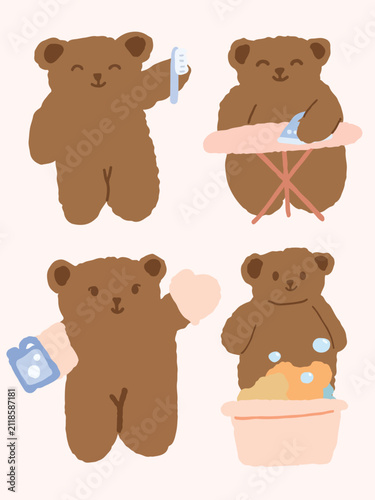 Cute Bear Laundry Cleaning Vector Set Hand Drawn Teddy Bear Washing and Ironing Clothes Clipart