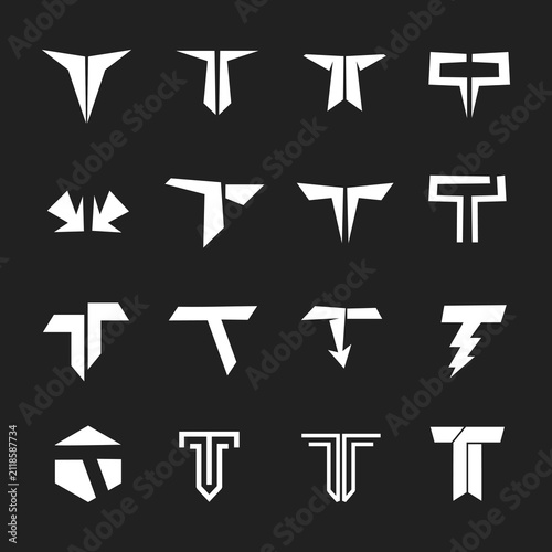 Set of T Letter Logo Designs. Collection of Abstract Geometric Symbols, Modern Typography, and Minimal Emblems for Branding Identity on Dark Background.