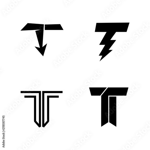 Set of four unique letter T logos and icons with modern and geometric designs, including arrow, lightning bolt, and abstract styles