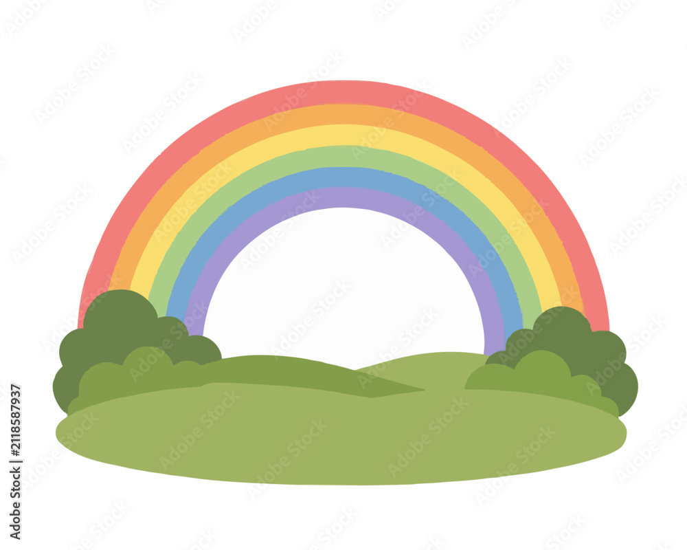 Obraz premium Hand-traced vector illustration of a colorful pastel rainbow arching gracefully over rolling green hills, bushes, and a sunny meadow landscape