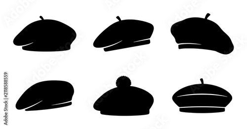 Beret Hat Silhouettes Vector Set, French Fashion Accessories Collection, Classic Headwear Icons, Minimalist Black Graphic Elements