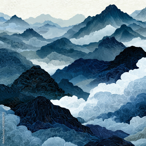 Traditional Korean blue oriental landscape painting with majestic mountains and clouds