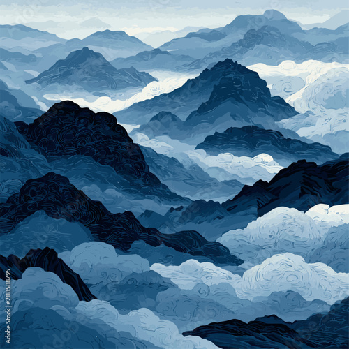 Traditional Korean blue oriental landscape painting with majestic mountains and clouds