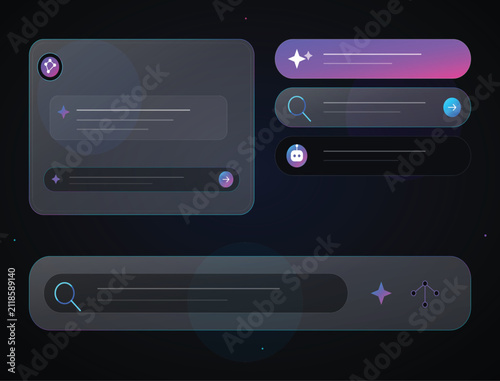 Web 3D Liquid Glass AI Chat and Smart Search Interface UI Set – Holographic Artificial Intelligence Technology Vector
