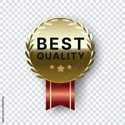 3D Golden Best Quality Badge with Red Ribbon Border Isolated on Transparent Background