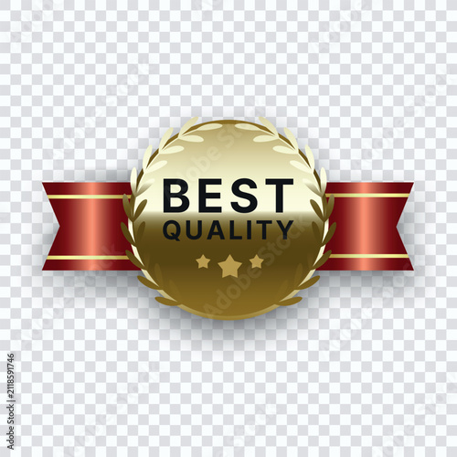 3D Golden Best Quality Badge with Red Ribbon Border Isolated on Transparent Background