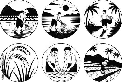 Fotografie Paddy Farming Icon Set, Rice Field, Farmer, Rice Cultivation, Harvest, Agriculture, Flat Vector Illustration