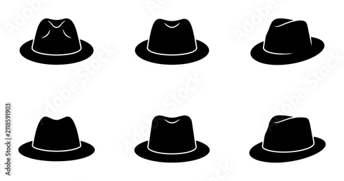 Fotografie Fedora Hat Icons Set, Classic Black Silhouette Collection, Vintage Style Headwea