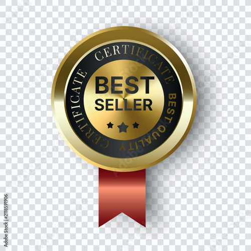 Gold BEST SELLER medal badge with red ribbon and stars, vector illustration