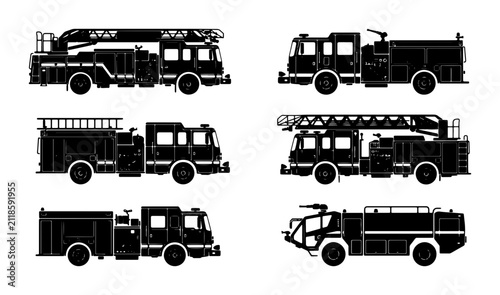 Obraz na płótnie Fire Truck Silhouettes Collection, Emergency Vehicle Vector Icons, Rescue Servic