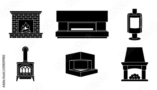Vector Fireplace Icons Collection, Modern and Classic Hearth Designs, Wood Stove and Gas Fireplace Silhouettes for Interior Decor