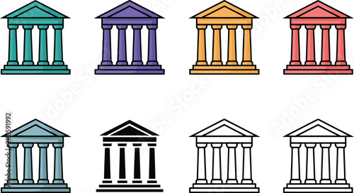 Bank Building Icon Set, Government Office, Courthouse, Financial Institution, Public Authority, Vector Illustration.
