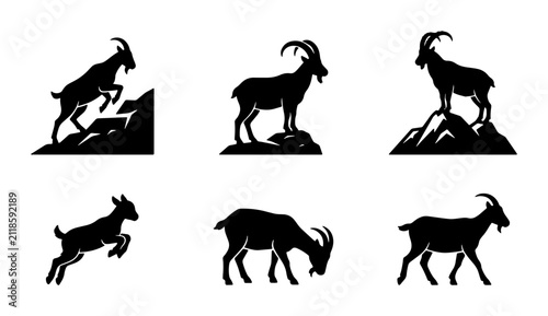 Mountain Goat Silhouettes Vector Set, Alpine Ibex Icons, Wild Animal Graphics, Climbing Wildlife Illustrations, Nature Symbol Collection