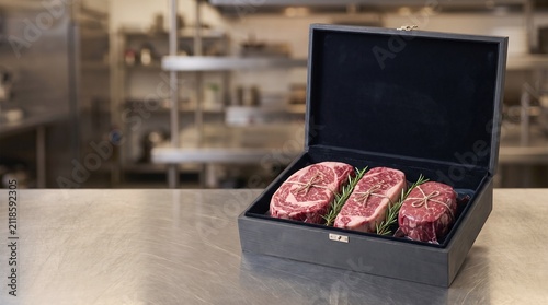 Premium raw beef steaks neatly packaged inside a luxurious wooden gift box