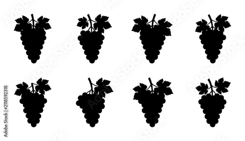 Black Silhouette Grape Clusters, Vineyard Fruit Icons Set, Organic Harvest Vector Graphics for Food and Drink Design