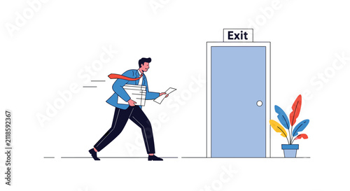 Energetic businessman carrying a large stack of documents runs towards an exit door, indicating a hasty departure or office deadline.