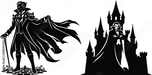 фотографія Gothic vampire vector illustration dracula with castle and cane halloween charac