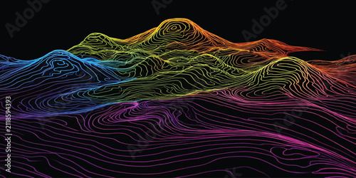 3D rainbow topographical mountain map relief with topographical mountain abstract gradient background geography visualization cartography geometric spectrum technology illustration
