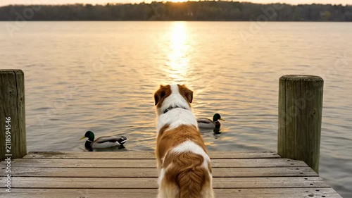 Dog watching ducks from wooden pier at sunset by the lake  