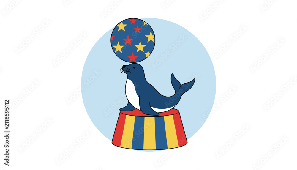 Naklejka premium Cute circus fur seal balancing a large blue ball decorated with red and yellow stars on its nose while standing on a pedestal.