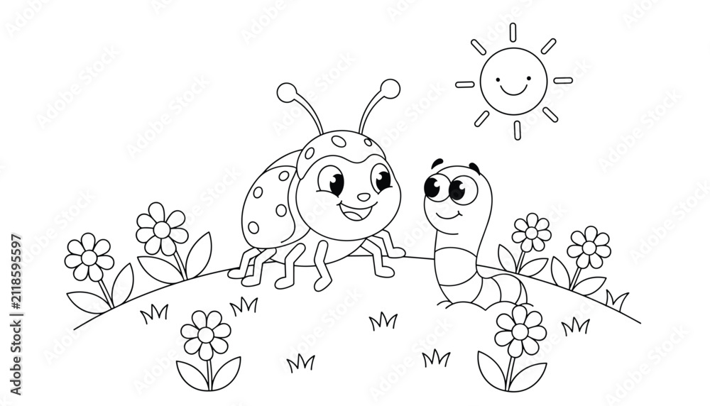 Fototapeta premium Whimsical cartoon coloring page featuring a happy ladybug and a cute caterpillar conversing in a blooming flower field.