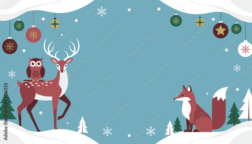 Naklejka premium Beautiful winter wonderland scene featuring a majestic deer, an owl, and a red fox in a snowy forest decorated with ornaments.