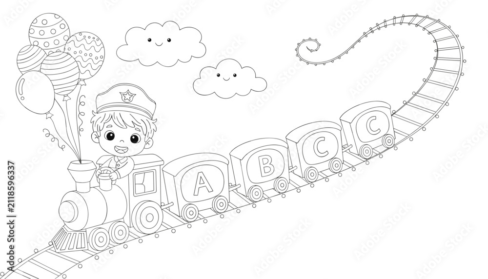 Fototapeta premium Conductor boy driving a toy alphabet train with balloons and smiling clouds, designed as a creative coloring page.