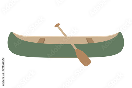 Hand traced vector illustration of a green canoe with wooden paddle shown in side view, minimalist flat design icon for outdoor adventure and water recreation themes