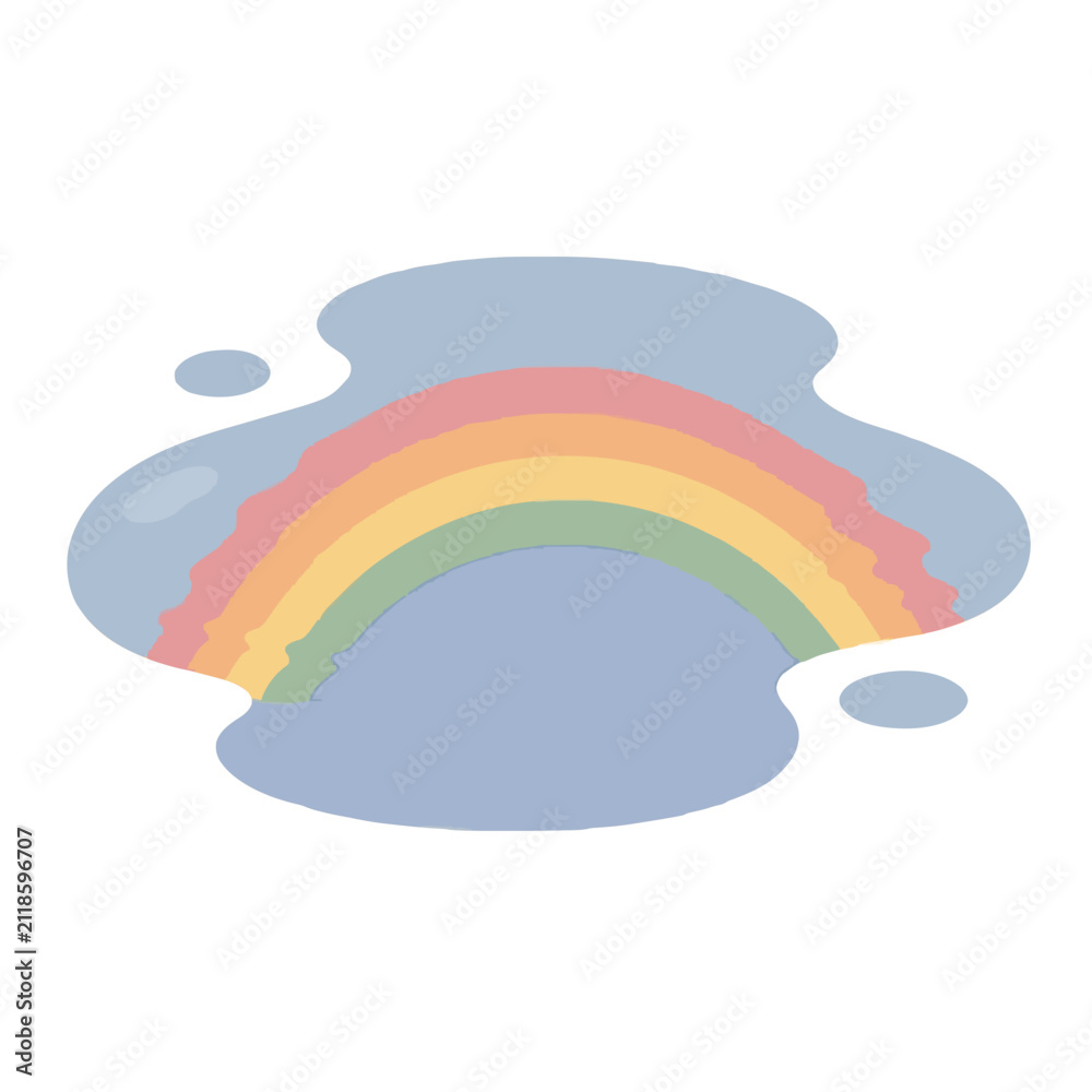 Obraz premium Soft pastel rainbow arch reflected in a tranquil gray puddle hand-drawn vector illustration, gentle multicolored arc blending pink, yellow, green, and lilac tones in serene flat design