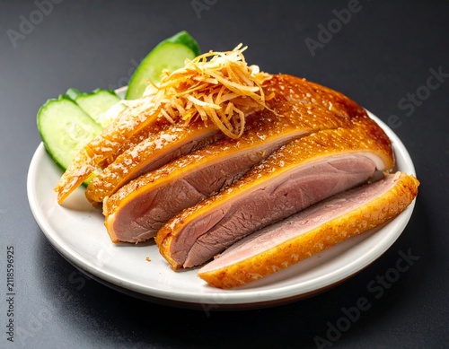 Exquisitely roasted and perfectly sliced duck breast, beautifully presented with crisp cucumber and savory shredded ginger, a gourmet culinary experience ready to be savored
