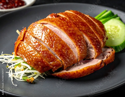 Exquisitely prepared roasted duck with crispy, golden-brown skin, meticulously sliced and elegantly presented as a gourmet meal on a dark plate, garnished with fresh vegetables