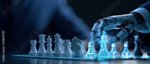 Robotic hand moves glowing digital chess king piece on glass chessboard, symbolizing artificial intelligence strategy and futuristic technology in dimly lit setting