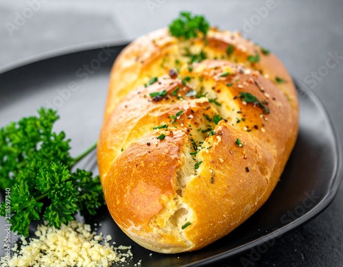 Freshly baked garlic bread loaf garnished with herbs and parsley on a black plate