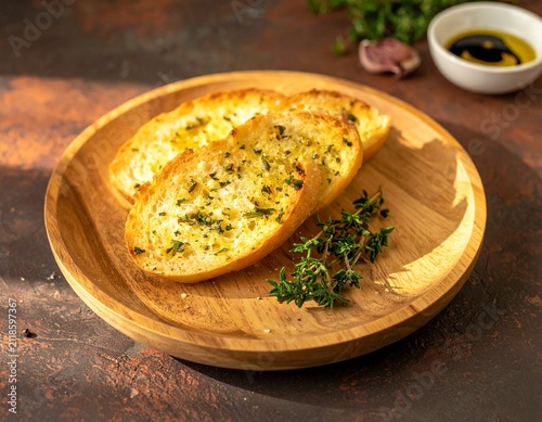 Freshly Baked Toasted Garlic Bread Slices With Fragrant Herbs Served On A Rustic Wooden Plate For A Delicious Appetizer