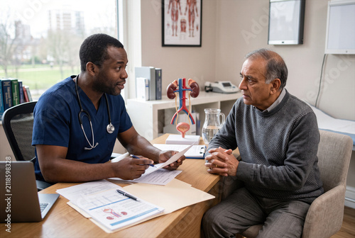 Doctor, physician or medical specialist explaining concerning examination, laboratory test, diagnosis or treatment results to patient, couple or family during serious healthcare consultation