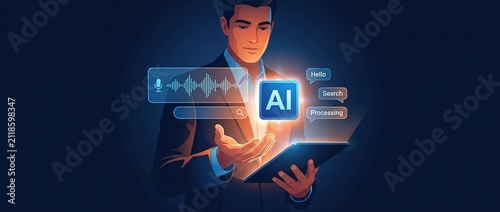 Business professional utilizing voice recognition technology smart applications and ai tools to drive innovation and enhance operations in contemporary enterprises