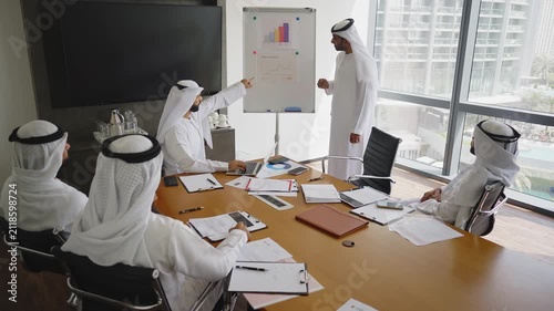 Arab businessmen wearing emirati kandura meeting in office for business deal - Corporate business group of middle-eastern people working in an international company in middle east
