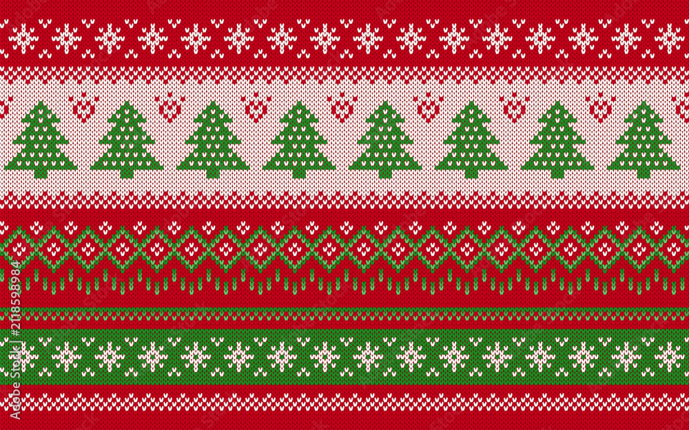 Obraz premium Sweater geometrical ornament with Christmas trees. Red and green Christmas seamless pattern. Festive knitted print. Xmas print border. Fair isle traditional holiday background. Vector illustration.
