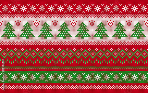 Sweater geometrical ornament with Christmas trees. Red and green Christmas seamless pattern. Festive knitted print. Xmas print border. Fair isle traditional holiday background. Vector illustration.