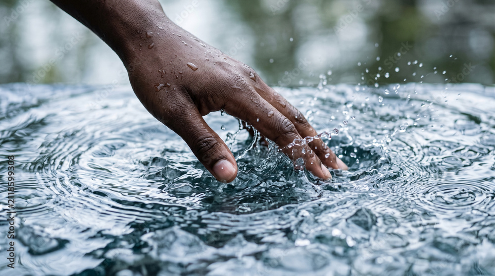 Fototapeta premium Person touching water surface creating ripples and splashes, close up