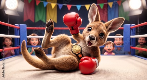 Kangaroo wearing boxing gloves and championship belt in ring