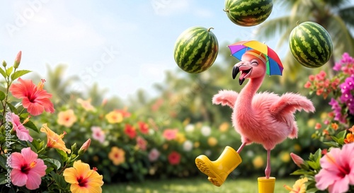 Flamingo Character In Tropical Garden With Watermelons And Hibiscus Flowers