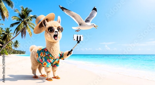 Llama with smartphone and selfie stick on beach with seagull