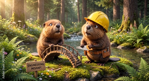 Beavers Building Bridge In Forest