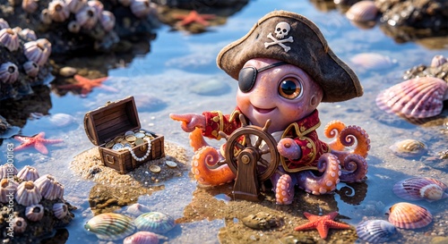 Octopus Pirate Character with Treasure Chest and Ship Wheel in Shallow Water