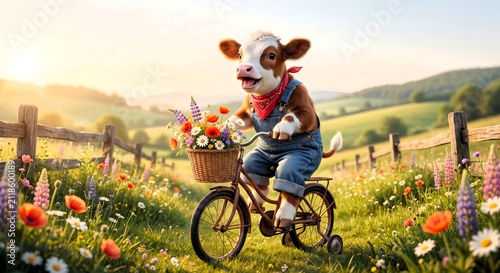 Calf riding bicycle with flowers in basket through meadow