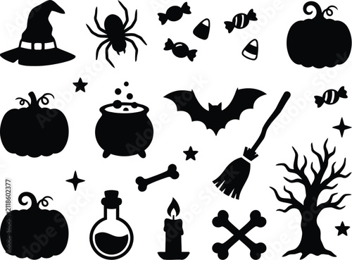 Halloween Silhouette Collection Witch Hat Spider Pumpkins And Other Dark Symbols