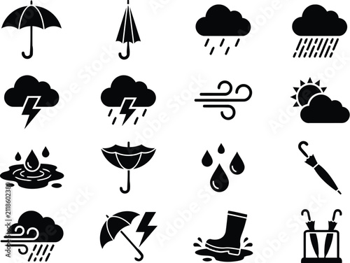 Weather Icons Collection Black Silhouette Style On White Background
